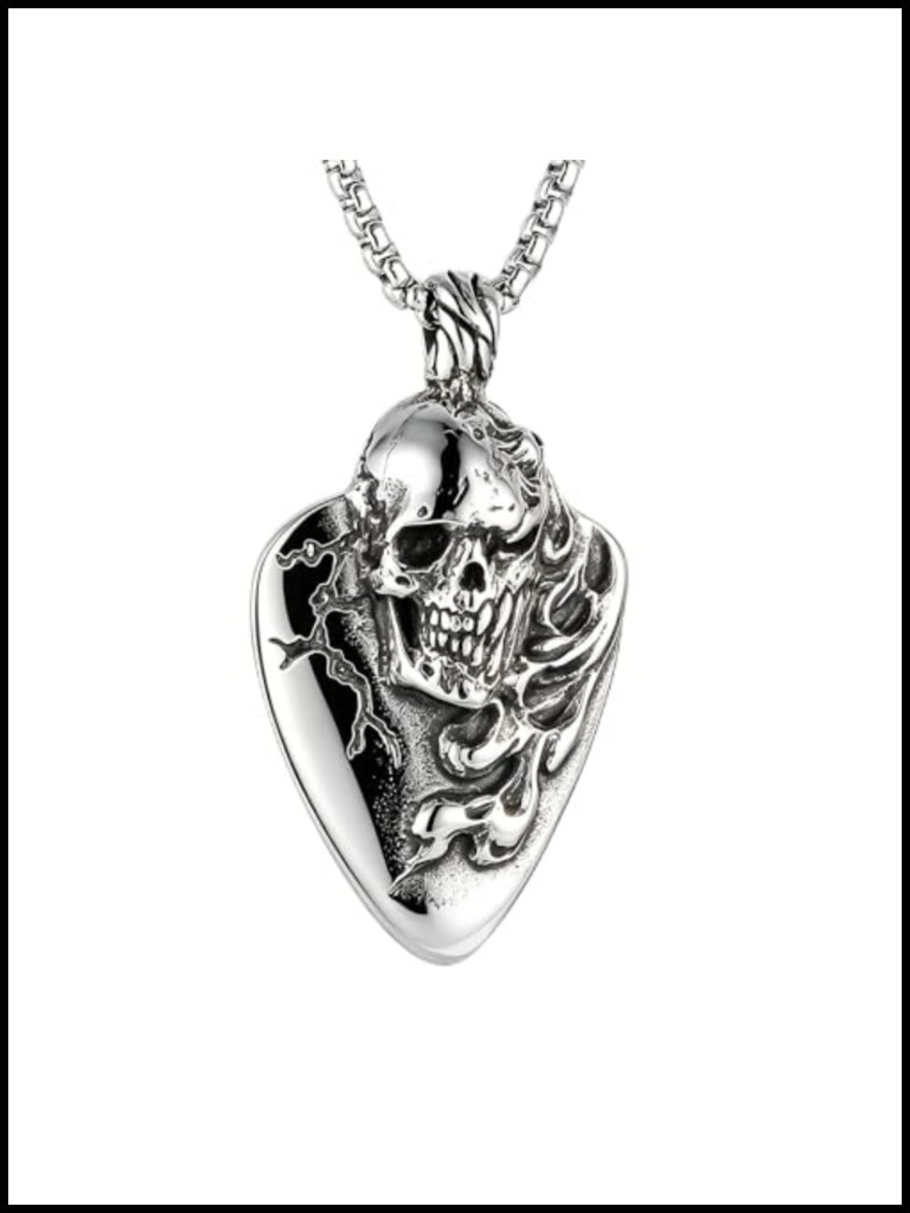 Stainless Steel Skull Guitar Pick Pendant Necklace Men Biker Rock